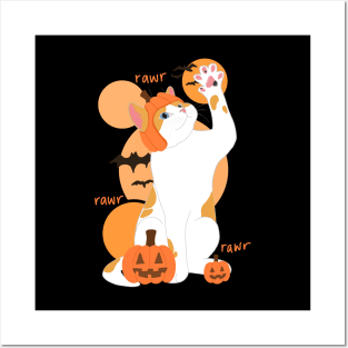 HALLOWEEN PUMPKIN WHITE ORANGE CAT Posters and Art